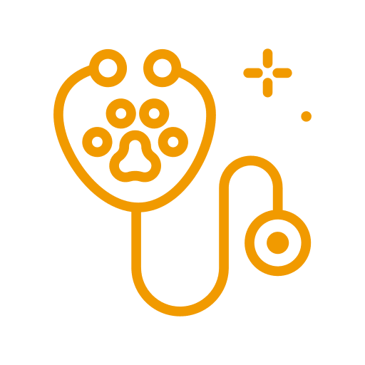 An orange stethoscope with a paw print design, signifying veterinary care.