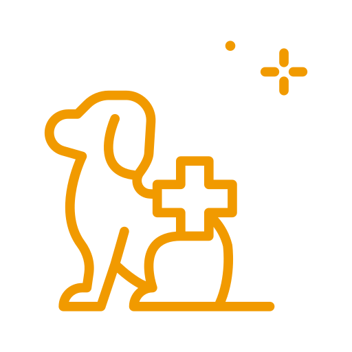 Dog outline with a medical cross on its back and small stars above.