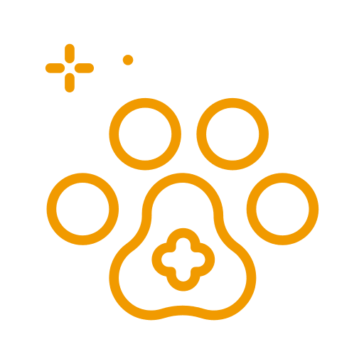 An orange outline of a paw print with a cross inside the main pad and small plus signs above.