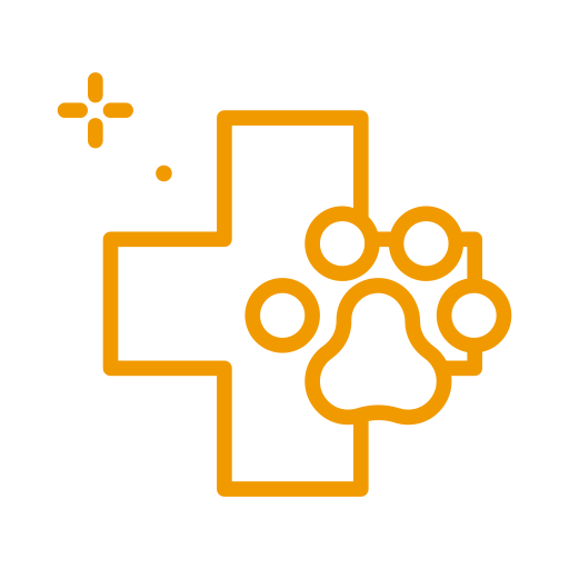A yellow cross with a paw print overlay, symbolizing veterinary care.